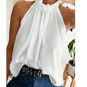 Solid Frill Tie Back Sleeveless Halter Tank Top